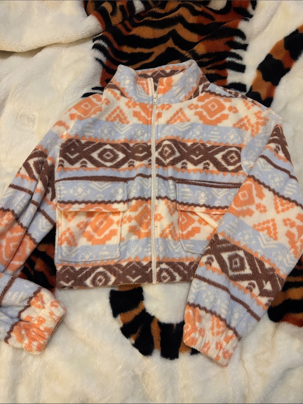 SO Aztec-Print Fleece Jacket - Peach, Light Blue, Brown, White